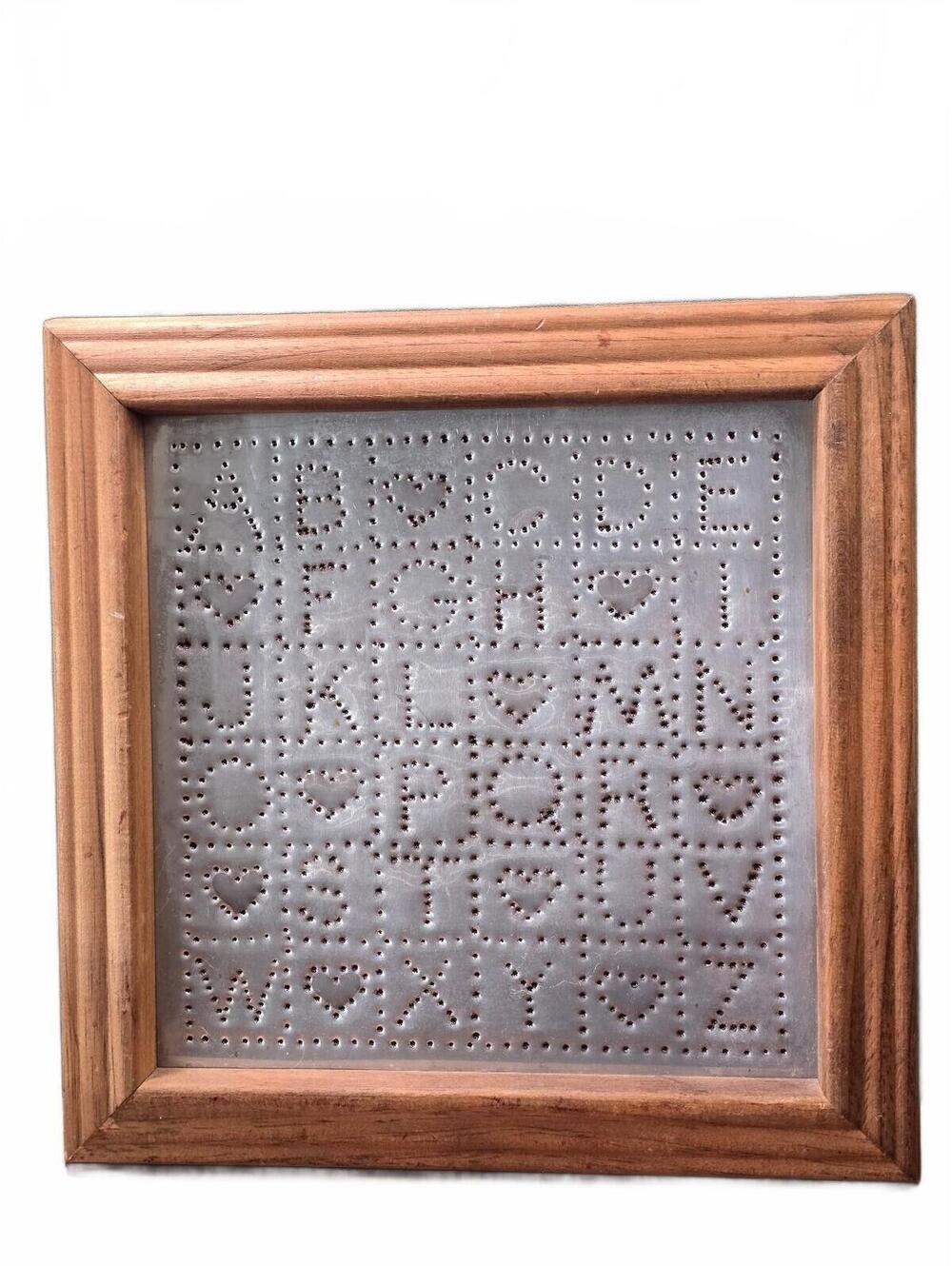 Vintage Alphabet Punch Tin Sign with Wooden Frame